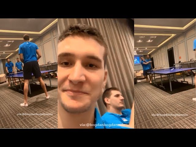 Nikola Jokic and Bogdan Bogdanovic waiting to Play Ping Pong with Team Serbia