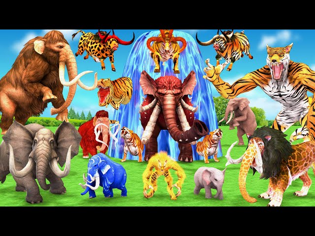 10 Mammoth Elephant Cow vs 10 Giant Tiger Wolf vs Dinosaur Fight Tiger Cub Saved by Woolly Mammoth