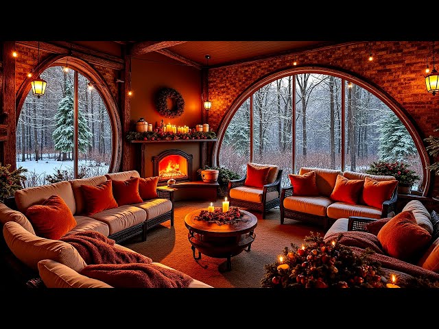 Cozy Winter Wonderland With Gentle Fireplace Ambience🔥❄️ Smooth Jazz Music & Snowfall For