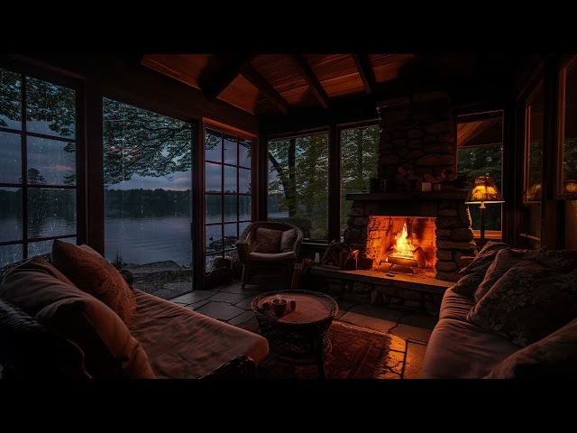 Heavy Rain & Warm Fireplace in a Cozy Cabin Porch - Rainstorm in the Forest for Sleeping and Relax