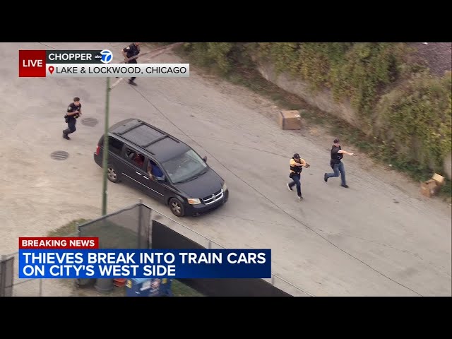 Police officers with guns drawn chase train car thieves