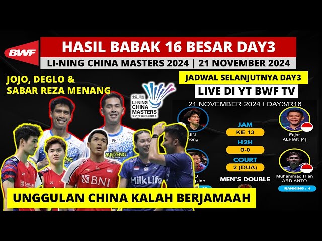 YES JOJO, DEGLO & SABAR REZA MENANG!! Hasil China Master 2024 | Hasil Badminton Hari ini Day 3 / R16