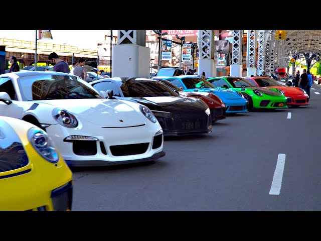 Supercars convoy takes over Times Square in Manhattan. 360° VR 4K footage.