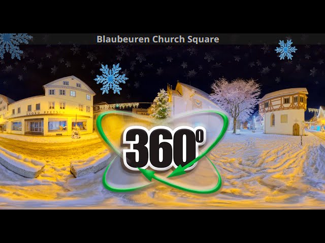 360° video Blaubeuren Church Square. The sound of a blizzard. Christmas in europe.