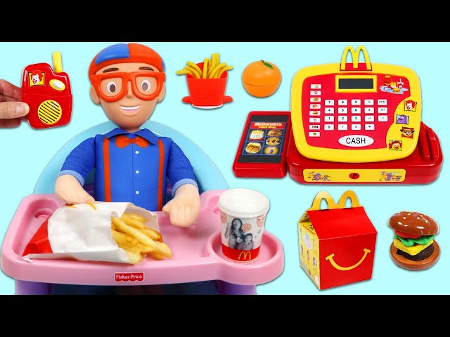 Blippi Pretend Cooking McDonalds Happy Meal & Healthy Fruit Snacks with McDonalds Toy Cash Register!