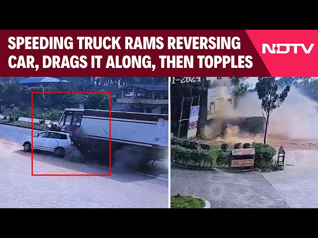 Karnataka News | Speeding Truck Rams Reversing Car, Drags It Along, Then Topples