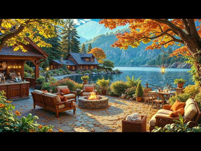 Cozy Autumn Outdoor Coffee Shop Ambience: Smooth Jazz Music & Warm Campfire Sounds by Lake for Relax