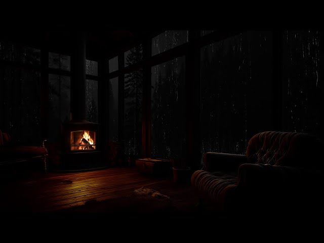 🌧️ Rainy Night in the Cabin With Crackling Fireplace Out Cold Storm Forest For Rest And Sleep