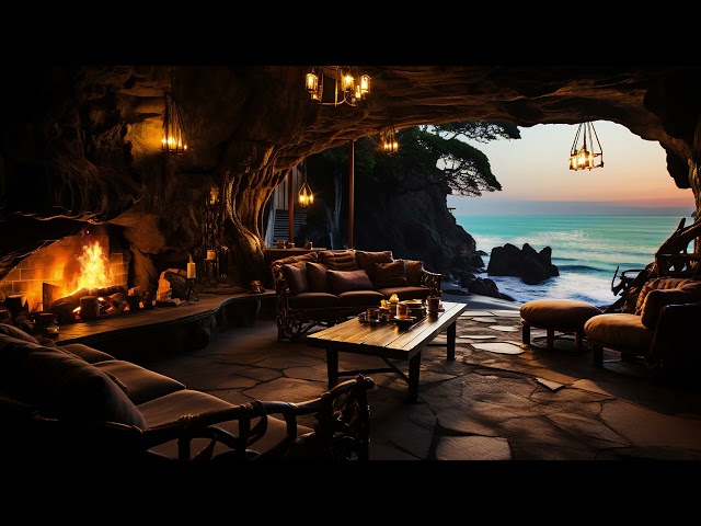 Cozy Beach Cave on Seaside Ambience with Fireplace and Ocean Wave Sounds to Sleep, Study, Relax