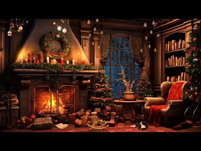 Cozy Christmas Night Indoors with Crackling Fireplace and Snowstorm Sounds for Relaxation and Sleep