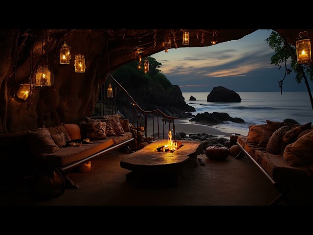 Lying deep inside a Cozy Cave with Crackling Fire and Wave Sounds helps to relax and stress relief