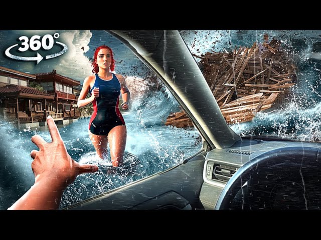 360° Dam Failure Tsunami Floods the Town - Escape Sinking Car with Girlfriend VR 360 Video