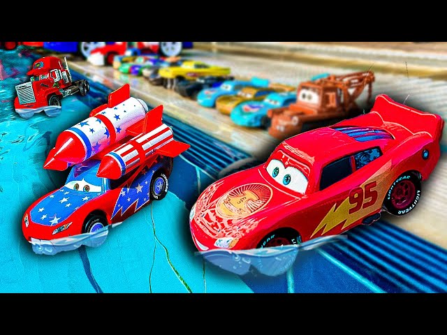 Disney Pixar Cars falling into deep pool, Lightning McQueen, Tow Mater, Mack, Sally, Francesco