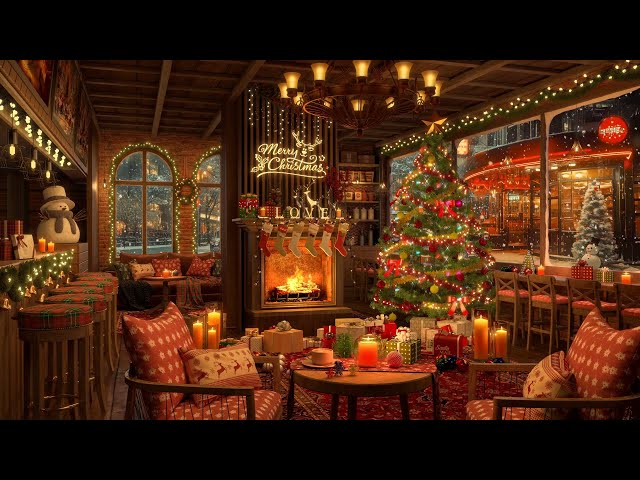 Cozy Christmas Ambience and Crackling Fireplace 🔥 Relax with Cafe Shop in The Winter Night City