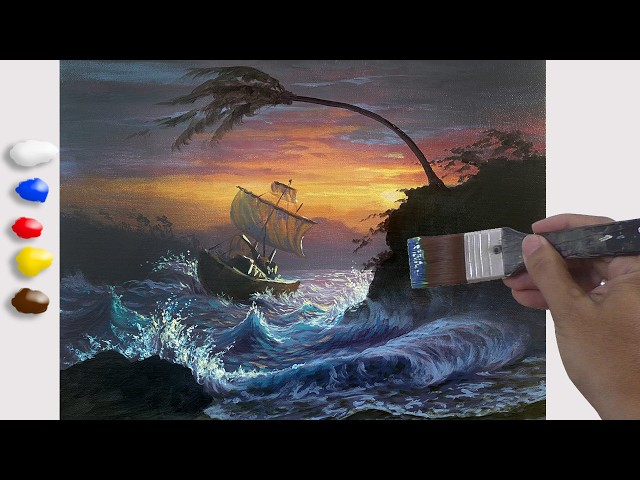 How to Paint Boat in Stormy Beach in Acrylics / Time-lapse / JMLisondra