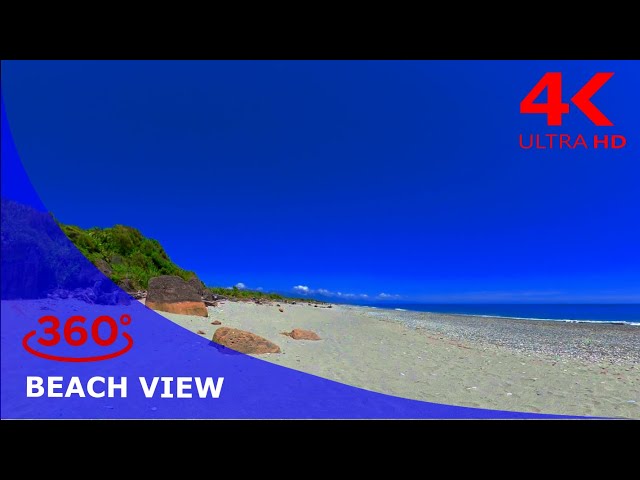 Beach view in 360: Stunning sunny beach with sea sound and cicada