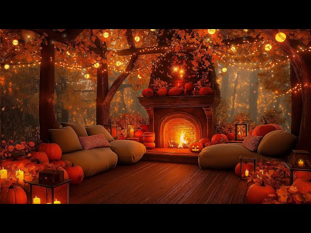 Autumn Porch Vibes with Cozy Jazz Music 🍁 Gentle Rain and Fireplace Sounds for Healing Nights 🎶