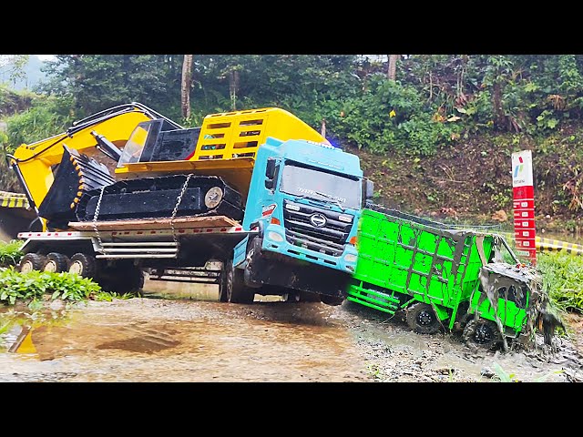 EAT THE GUYS Hino Truck Trailer Loaded LARGEST EXCAVATOR Fuso Truck Hit by Mud Loaded Truck OFROAD