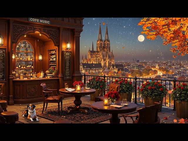 Cozy Autumn Evening:Relaxing Jazz & Fireplace at a Rooftop Cafe Shop & City Views Under a Starry Sky