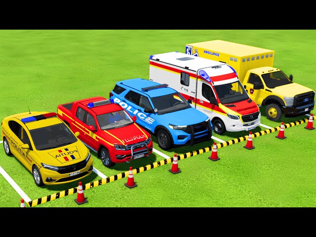 TRANSPORTING ALL POLICE CARS and AMBULANCE VEHICLES WITH SCANIA TRUCKS TO THE GARAGE ! FS22