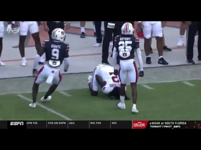 Auburn DB Champ Anthony with a massive hit on Arkansas WR Anthony Armstrong