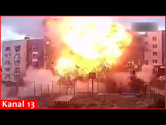 Moment Russian "Shaheed" drone crashes into a residential building in Russia - Strong blast occurs