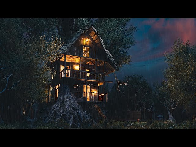 Rainy Treehouse in the Forest at Night - Relaxing  Rain and Nature Sounds - Forest Ambience