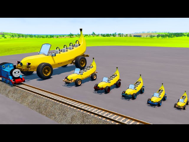 Big & Small, Long & Tall Banana Car with Monster Truck Wheels vs Trains | BeamNG.Drive