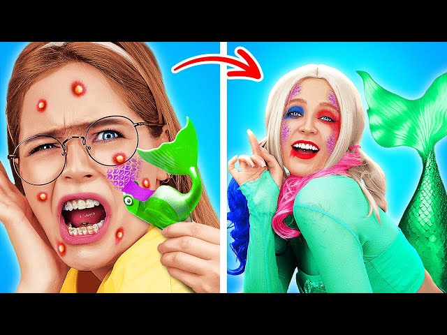 *Halloween Makeover* 😮 From Nerd into Harley Quinn Mermaid! Spooky Beauty Hacks