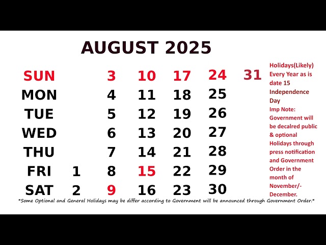 Calendar August 2025