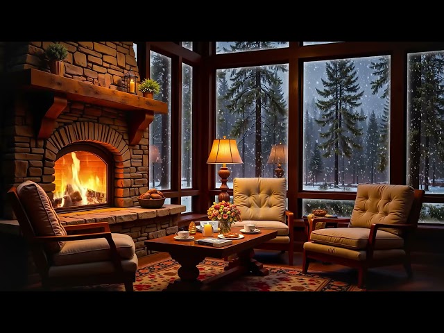 Cozy Winter Room Ambience on Snowy Day 🔥 Smooth Jazz Music & Fireplace Sounds for Study, Relaxation