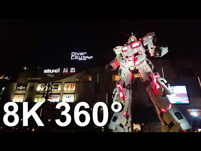 [8K 360°] The Life Sized Unicorn Gundam Statue at night in Odaiba, Tokyo, Japan / Jan 2021【QooCam8K】