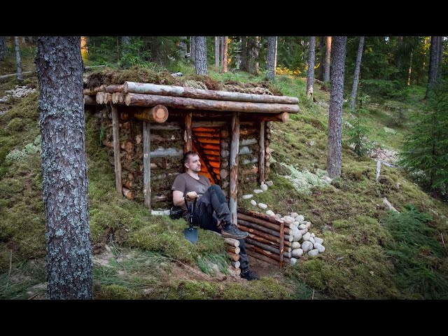 Building My BEST DUGOUT EVER - ALONE into Wild Forest - Bushcraft Moss PILLOW - Badger Came - 4K